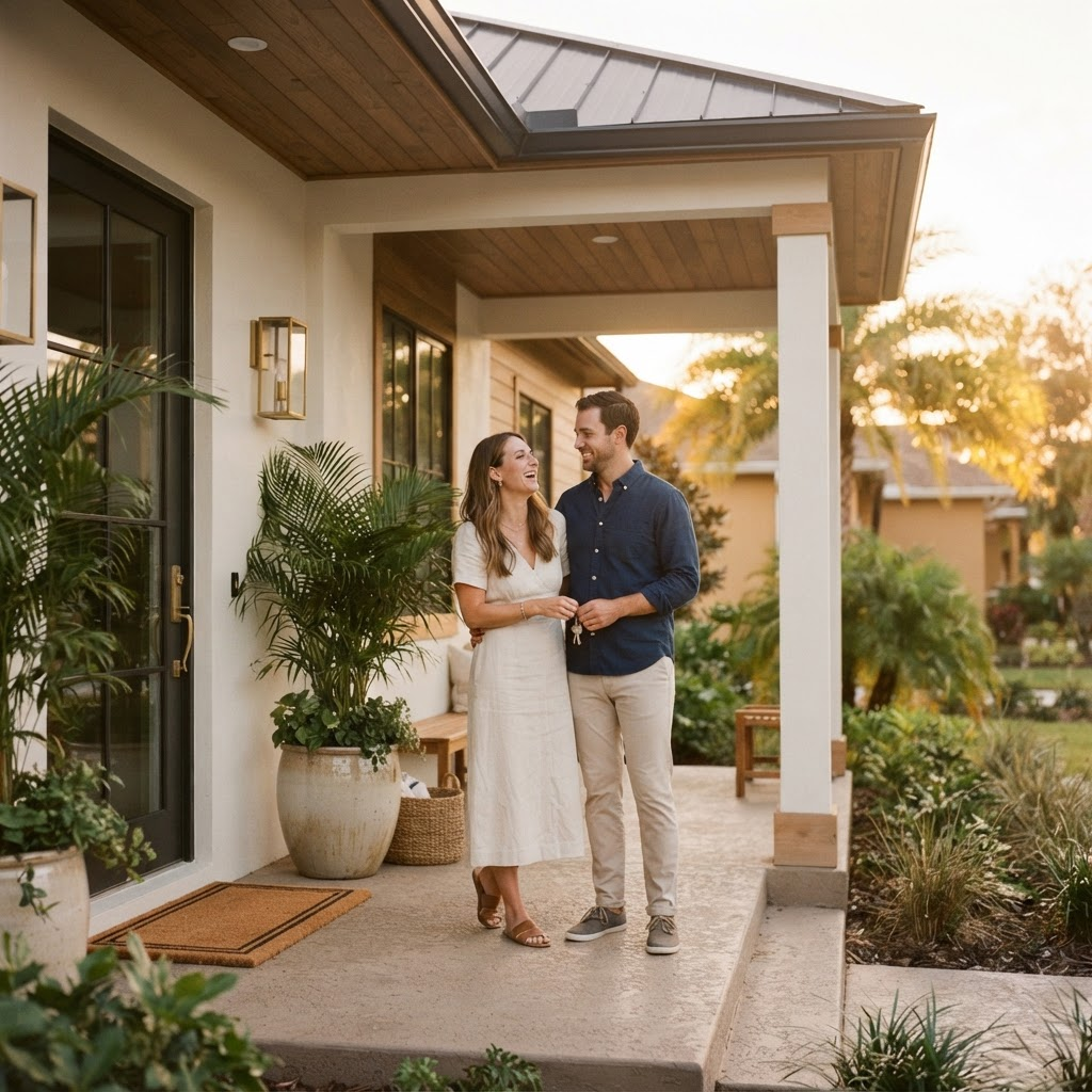 Couple standing together on the porch of their welcoming Florida home